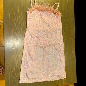 Sequin spaghetti strap dress with faux feathers lining top